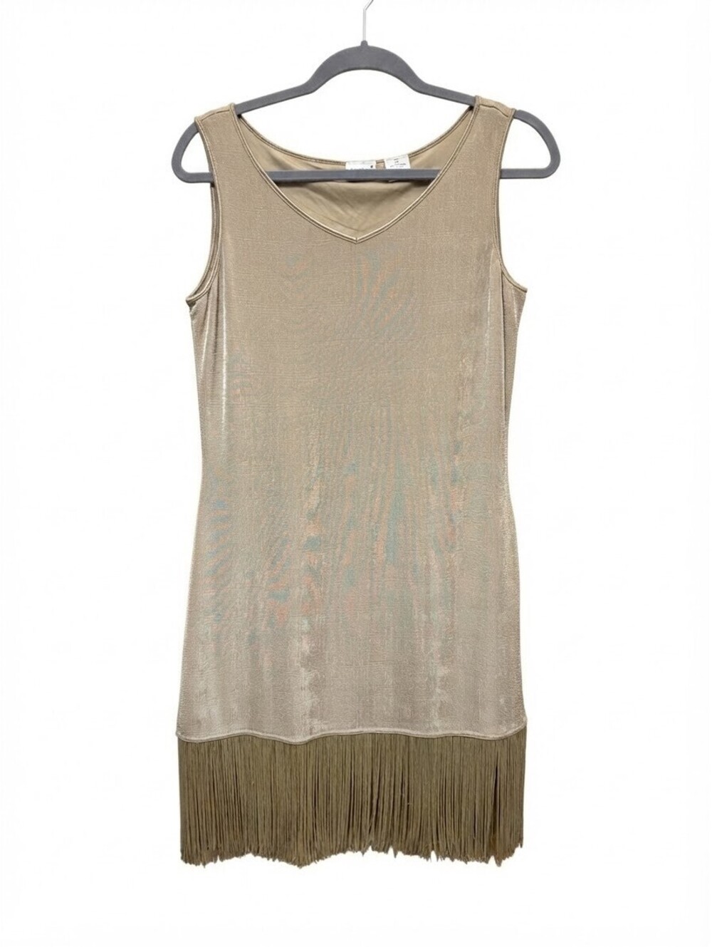Together Gold Shimmer Metallic Fringe V-Neck Sleeveless Cocktail Party Dress Med